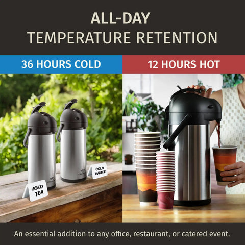 Insulated Stainless Steel Airpot Carafe With Pump 102oz 3L For Parties Party Ready showing hot and cold beverage use
