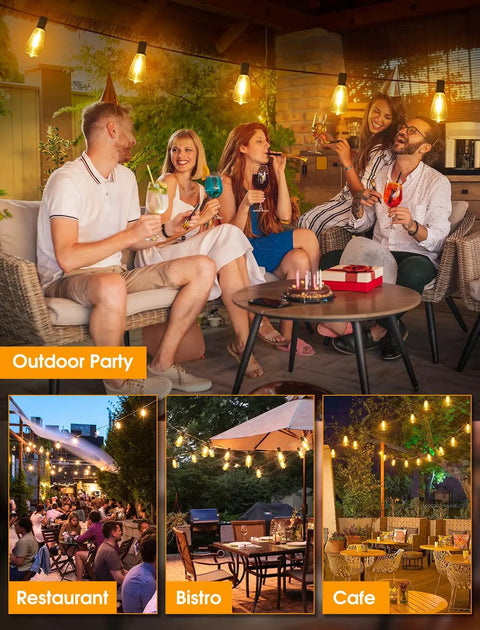 25 Ft Outdoor String Lights For Patio And Garden, Dimmable, Weatherproof And Shatterproof ST38 Edison Bulbs illuminating outdoor party
