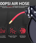 Industrial Retractable Air Hose Reel Three Eighth Inch By Fifty Feet Premium Hybrid Polymer Hose With Steel Construction close-up