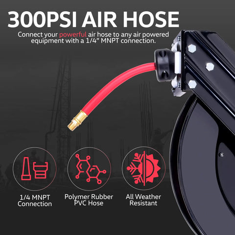 Industrial Retractable Air Hose Reel Three Eighth Inch By Fifty Feet Premium Hybrid Polymer Hose With Steel Construction close-up