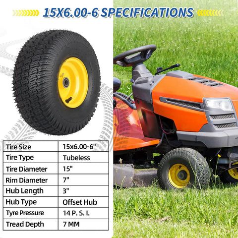 15x6.00-6 Lawn Mower Tires and Wheels 2 Pack Tubeless 4 Ply 3 Inch Offset Hub 3/4 Bearing Replacement for John Deere 100 300 Series