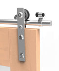 Close-up of 9Ft Stainless Sliding Barn Door Hardware Kit for Single Wooden Door, showing J-shape hanger and stainless steel track