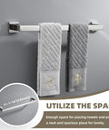 Polished Chrome 4 Piece Bathroom Hardware Set Built From 304 Stainless Steel With Robe Hook, Toilet Paper Holder, Hand Towel Holder, And Bath Towel Bar For Easy Organization And Modern Home Upgrade shown with hanging towels