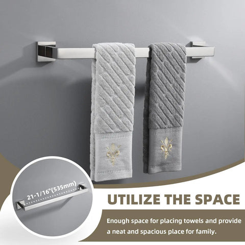 Polished Chrome 4 Piece Bathroom Hardware Set Built From 304 Stainless Steel With Robe Hook, Toilet Paper Holder, Hand Towel Holder, And Bath Towel Bar For Easy Organization And Modern Home Upgrade shown with hanging towels