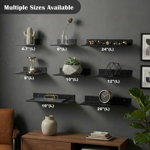 Mini Floating Wall Shelves for Smart Speaker Collectibles, Lightweight Aluminum, Matte Black, Multiple Sizes Displayed