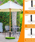 Universal Granite Umbrella Tube Base For Outdoor Use Sturdy Stone Stand With Stainless Sleeve pictured on patio with umbrella and furniture