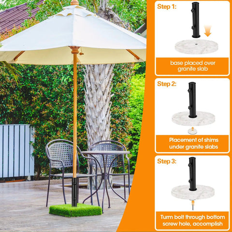 Universal Granite Umbrella Tube Base For Outdoor Use Sturdy Stone Stand With Stainless Sleeve pictured on patio with umbrella and furniture