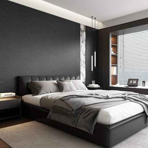 Bedroom with Black Silk Easy Peel And Stick Wallpaper 35.4 Inch By 118 Inch Embossed Textured Self Adhesive Removable Vinyl Wall Covering