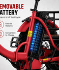 All Terrain Fat Tire Electric Tricycle For Adults With 750W Motor And Removable 48V 15.6Ah Battery, 40 To 60 Mile Range For City Cruisin And Errands, 20 Inch By 4 Inch Fat Tires, 3 Wheel E Trike, 330 Lb Payload, Heavy Duty High Carbon Steel Frame, Front removable battery close-up on red tricycle frame