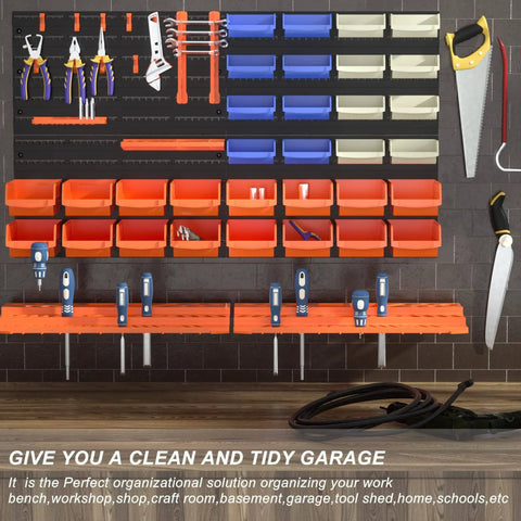 52 Piece Wall Mounted Storage Bins System With Peg Boards And Tool Trays, Garage Workshop Organizer installed on wall
