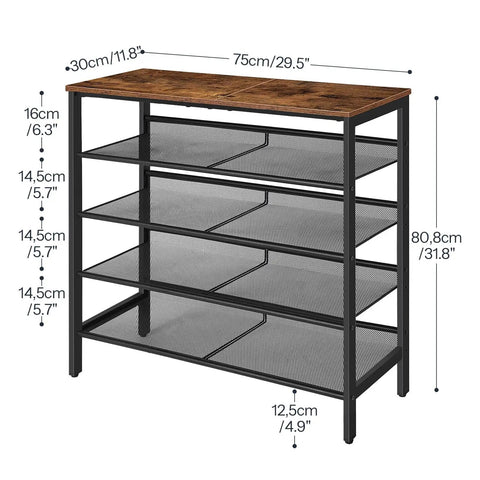 Five-Tier Entryway Shoe Rack With Adjustable Mesh Shelves Industrial Metal Design Holds 16-20 Pairs Of Shoes Floor Mount Rustic Brown Organizer For Closet Or Hallway