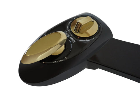 Close-up of black gold non electric toilet bidet attachment with water sprayer control, easy install for front and rear cleaning modes.