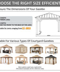 Diagram showing dimensions for gazebos, fits tents 8ft-11.5ft, with examples of gazebo types for Patio Gazebo Mosquito Netting Screen Walls Beige For 10x10 Gazebos No Fuss Setup Mesh Panels Keeps Bugs Out While Letting Fresh Air In Fits 11.5x11.5x7.2 Ft Gazebo Frames Durable Beige Netting For Backyards.