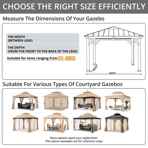 Diagram showing dimensions for gazebos, fits tents 8ft-11.5ft, with examples of gazebo types for Patio Gazebo Mosquito Netting Screen Walls Beige For 10x10 Gazebos No Fuss Setup Mesh Panels Keeps Bugs Out While Letting Fresh Air In Fits 11.5x11.5x7.2 Ft Gazebo Frames Durable Beige Netting For Backyards.