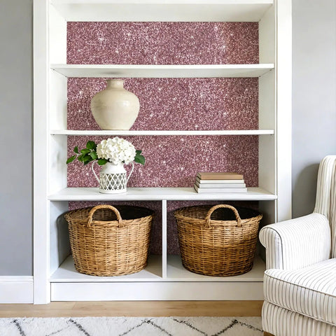 Totally Fresh Mauve Pink Chunky Glitter Peel And Stick Wallpaper For Accent Walls And Vanity Backsplash Premium Self Adhesive Fabric Vinyl Room Decor Slays Hard on a bookshelf background.