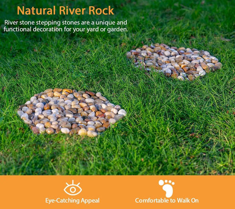 River Rock Stepping Stones Set Of 6 Hexagon Outdoor Garden Path Pavers Polished Pebbles on grass background