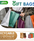 People holding colorful gift bags, including a red bag similar to Red Kraft Paper Bags With Handles 16x6x12 Inches Pack Of 250 150 GSM.