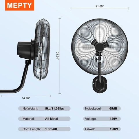 Rock Solid 20 Inch Wall Mount Fan with heavy duty industrial build, side and front view with dimensions and specifications.