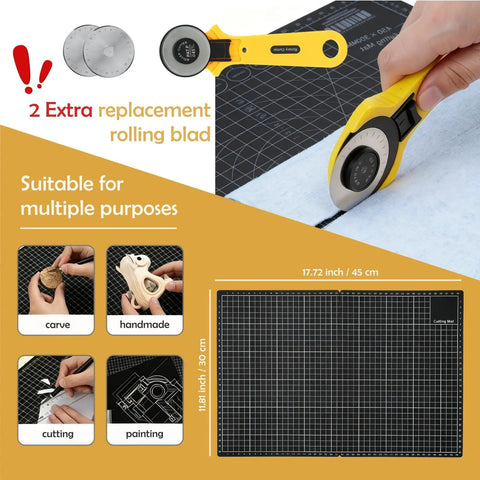 Rotary Cutter Set 45mm Fabric Cutter With A3 Self Healing Cutting Mat being used on fabric, close-up of handle and blade