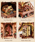 Dope 3D Wooden Cuckoo Clock Kit For Adults, 435-Piece Buildable Model showing details: white rabbit, rotating water wheel, pendulum, battery box.