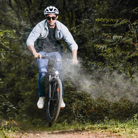 Beast 1000W Peak Electric Bike With 70 Mile Range, 20 MPH Top Speed, 26 Inch Tires, Dual Disc Brakes, Shock Absorber, App Control, Adjustable Seat, Commuter Bike For Adults on a forest trail