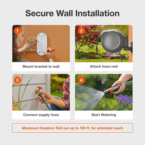Secure wall installation of Auto Retracting Garden Hose Reel with 100 feet of flexible hose, 180-degree swivel mount, step-by-step guide