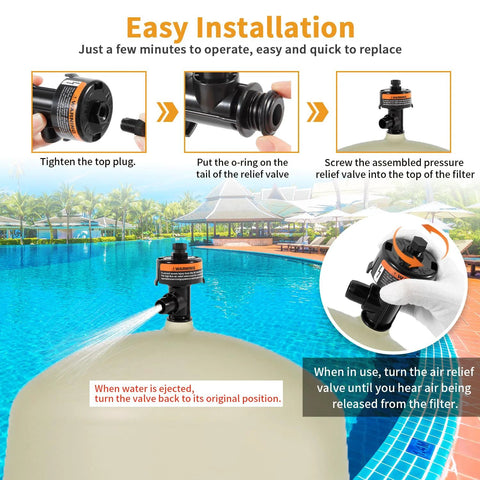 Installed high-flow manual air-relief valve assembly for pool filter; black plastic with orange warning label.