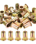Flat Head Rivet Nut Set Of Fifty Carbon Steel Threaded Inserts With Knurled Body And Zinc Plated Finish Ten Thirty Two Thread Size.