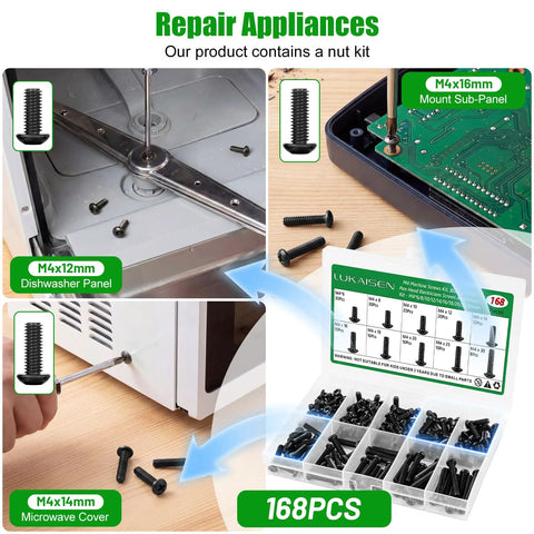168 Piece M4 Phillips Pan Head Machine Screws Kit Crafted From Heavy Duty Carbon Steel for repairing appliances and electronics.