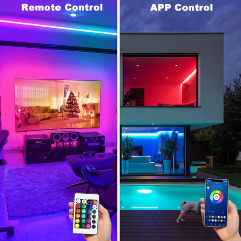 Remote vs app control on Bluetooth Led Strip Lights for Bedroom 100 Feet with App Control and IR Remote RGB Color Changing.