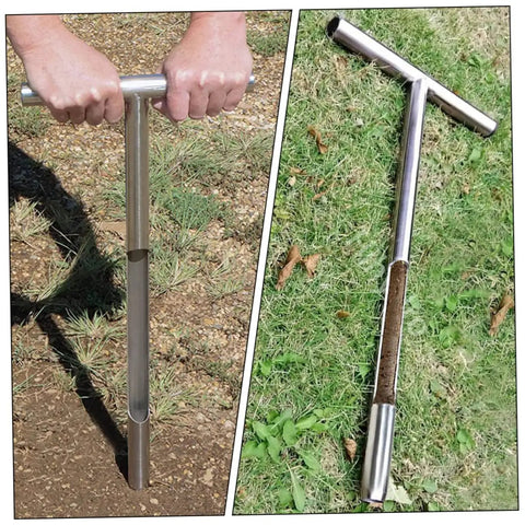 Hands using stainless steel T handle soil sampler probe for lawn and garden care, showing ergonomic grip and soil core.