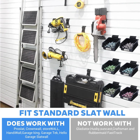 12 Pack Slatwall Bins With Hooks Plastic Organizer Set for slatwall storage, shown installed with tools in a garage setting.