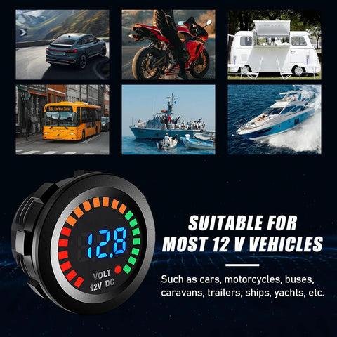 Waterproof DC 12V Voltmeter With LED Digital Display, Round Panel Battery Voltage Tester For Car Motorcycle Boat, Beast Pro Grade Gauge With Terminals, All Weather, Easy Install, Universal Vehicle Voltage Meter on round panel