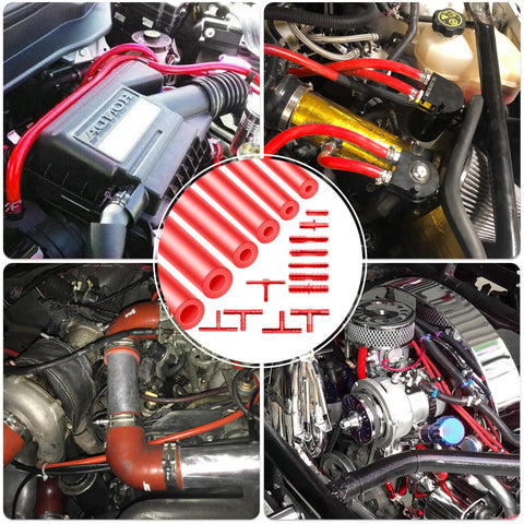 Dope Red Silicone Vacuum Hose Kit With Color Matched Connectors, 6 Size Tubing Set, 128 Pieces, installed in engine bays