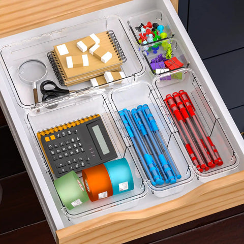 14 Piece Clear Drawer Organizer Set With 3 Adjustable Bin Sizes Acrylic Storage Bins For Makeup Cosmetics Kitchen Utensils And Gadgets Keeps Drawers Neat Easy To Find In Bedroom Office Or Kitchen filled with office supplies.