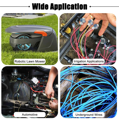 Multisland 20-pack electrical IDC 3-way wire connectors; moisture-resistant pigtails for lawn mowers and irrigation.