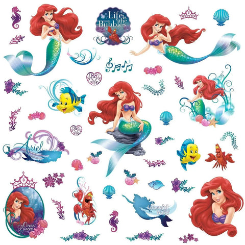 Disney The Little Mermaid Peel And Stick Wall Decals 6 Piece Vinyl Set featuring Ariel and sea friends, removable and repositionable.