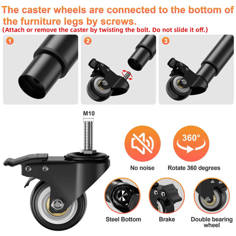 Adjustable Furniture Legs With 2.36 Inch Swivel Casters Heavy Duty Replacement Feet shown with detailed assembly and features