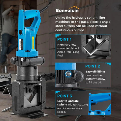Bonvoisin 1500W Hydraulic Angle Iron Steel Cutter Fast Cutting Up To 60Mm showing easy-to-operate switch and oil filling feature.