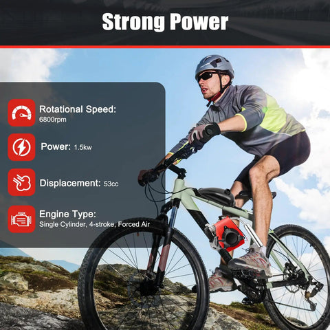 Rock Solid 53cc 4 Stroke Gas Engine Motorized Bicycle Conversion Kit on mountain bike, showing engine placement and options.