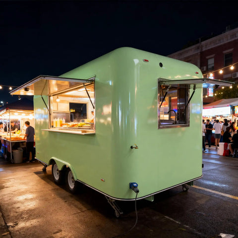 Kickstart Your Food Truck Hustle With This Turnkey Mobile Kitchen Trailer Featuring Plug And Play Electrical And Nsf Stainless Steel Counters Perfect For Sliders Coffee And Quick Cash Flow, green trailer at night.