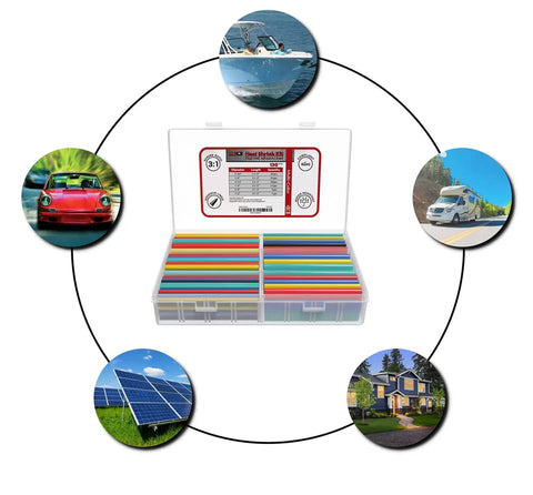 Pro Grade 130 Piece Dual Wall Adhesive Marine Heat Shrink Kit With Multi Color Tubing And Three To One Shrink Ratio For Wiring Repairs Auto And Marine Projects, showing open kit with assorted tubes and illustrated applications in automotive, marine, and solar sectors.