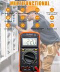 AMT32 Digital Multimeter Tester Portable Meter for electrical jobs displaying 220 volts, with technician in background