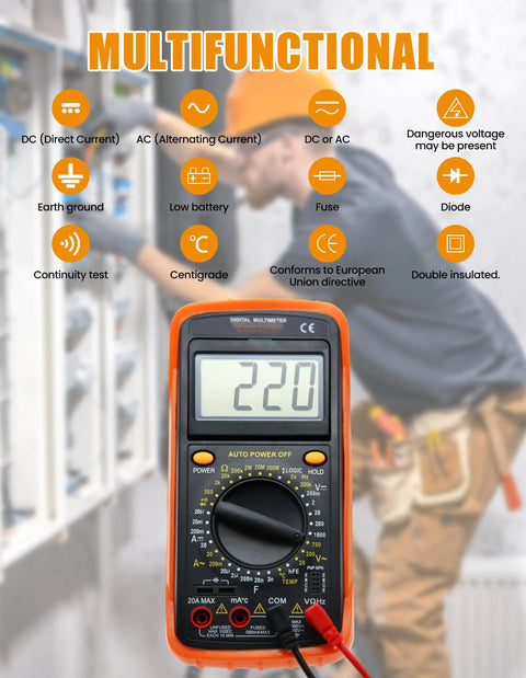 AMT32 Digital Multimeter Tester Portable Meter for electrical jobs displaying 220 volts, with technician in background