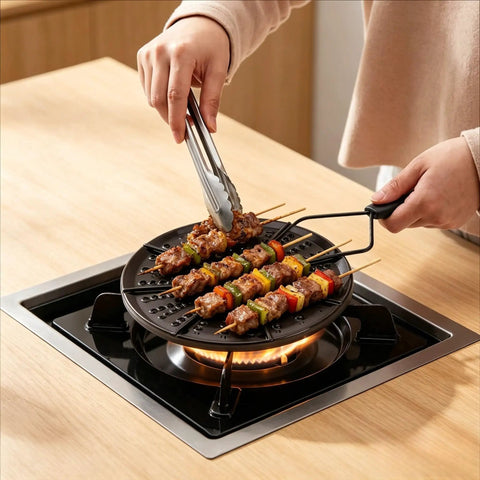 Person grilling skewers on 7.5 Inch Colombian Budare Arepa Grill for Stovetop and Gas Stove, Perforated Design for Grilling Up Crispy Arepas.