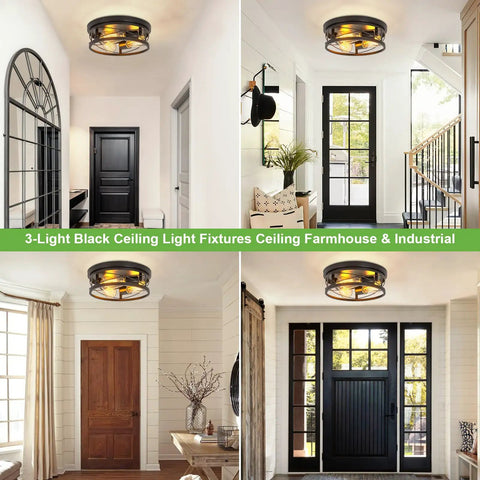 Farmhouse Black 3 Light Flush Mount Ceiling Fixture With Metal Cage Shade For Kitchen Bedroom Living Room Hallway Foyer