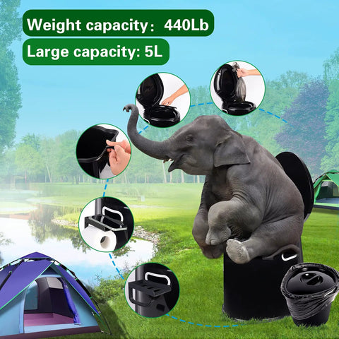 Go To Portable Camping Toilet With Detachable Inner Bucket And Removable Toilet Paper Holder Black Large One Piece shown enduring strong weight in a camping area