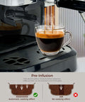 All-In-One Espresso Machine With 15 Bar Pressure brewing coffee into glass cup, built-in bean grinder, and steam wand visible