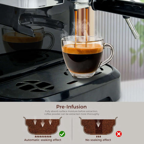 All-In-One Espresso Machine With 15 Bar Pressure brewing coffee into glass cup, built-in bean grinder, and steam wand visible