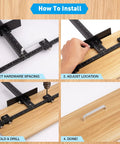 Cabinet Hardware Jig For Precise Drill Alignment And Install Guide showing step-by-step installation sequence on wood surface.